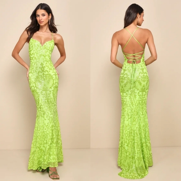 Lulus Dresses & Skirts - Lulus Limitless Glamour Lime Green Sequin Lace-Up Maxi Dress S Wedding Prom
